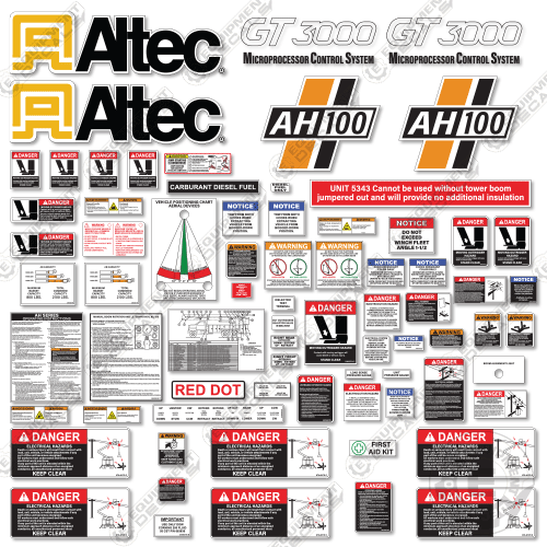 Fits Altec AH100 Decal Kit With Safety Stickers - Bucket Truck 100, ah, AH100, crane truck, decal kit