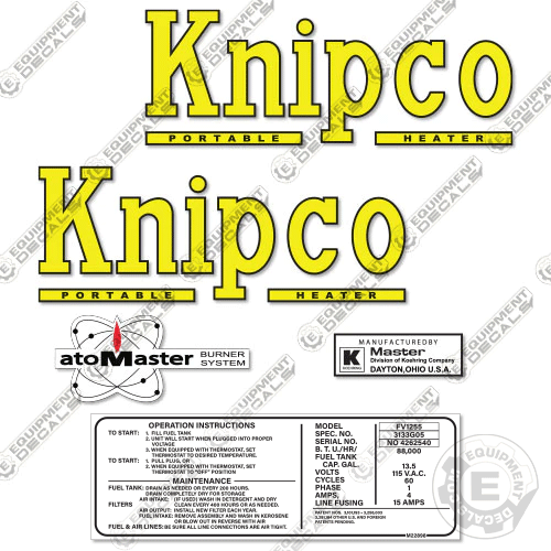 Fits Knipco FV125S Portable Heater Decal Kit 