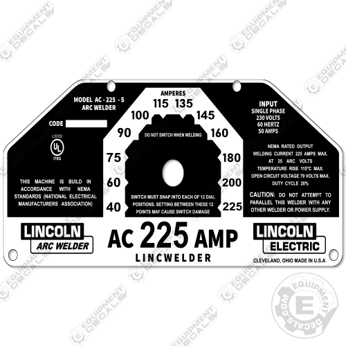 Fits Lincoln Electric AC 225 AMP Welder Plate Decal 225, ac225amp, decal kit, lincolnelectric